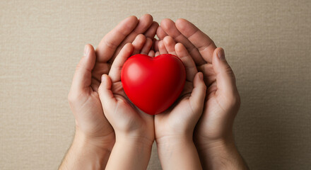 Fototapeta premium Hands of Love: Child's Heart Cherished & Protected - Family Care, Health, Valentine's Day, Giving, Support, Red Heart Symbol