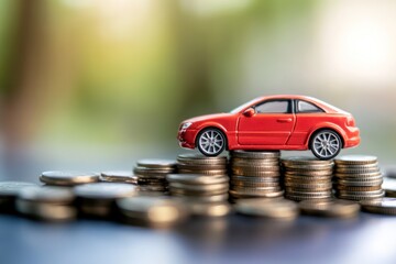 Mini car balanced on coins representing auto savings and finance
