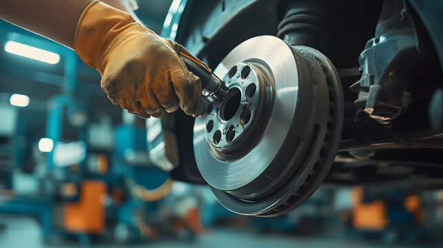 Hand Holding Tool for Brake Replacement on Car Wheel in Workshop