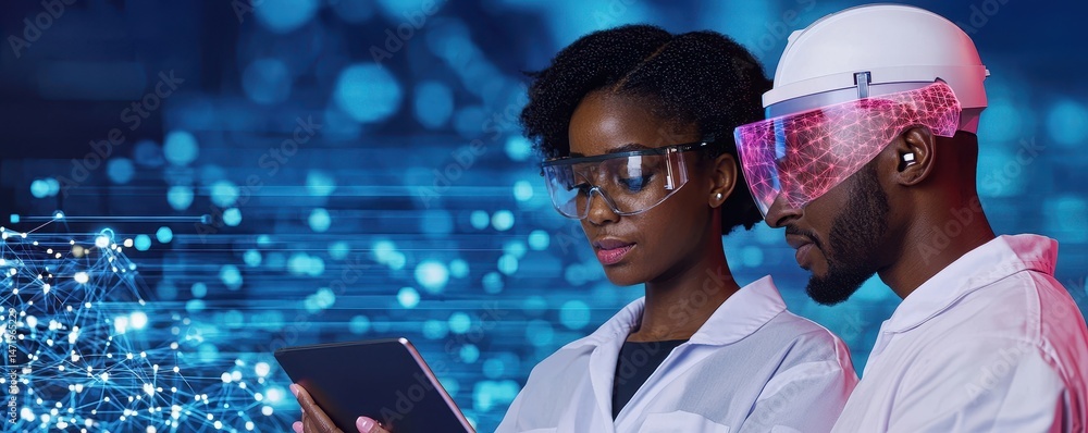 Poster Two scientists in lab coats and safety goggles analyze data on a tablet with a digital network graphic in the background.