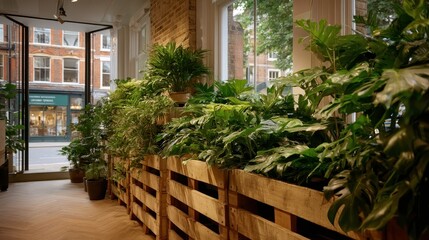 Fototapeta premium Indoor Plants, Urban Jungle, Sustainable Design - Wooden Planters with Greenery