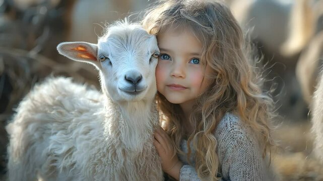 A young girl embracing and kissing a baby goat in a peaceful barnyard