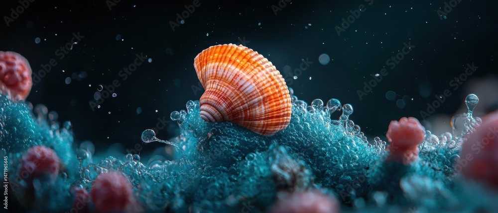 Poster close-up of a seashell floating in the water. the seashell is orange and white in color and has a sp