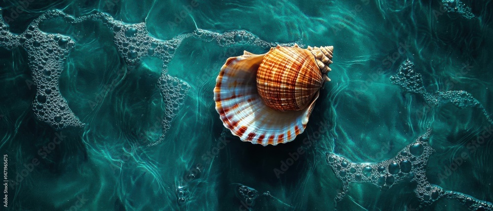 Poster close-up of a seashell lying on the surface of a body of water. the seashell is orange and white str
