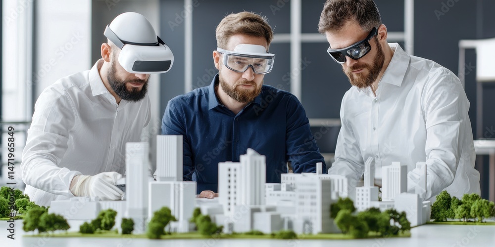 Poster Three men using virtual and augmented reality headsets work together on an architectural city model in a modern office.