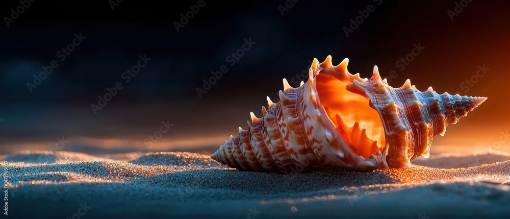 Poster close-up of a conch shell on a sandy beach. the shell is orange and white in color and has a spiral 