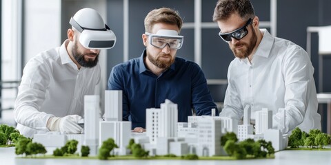 Three men using virtual and augmented reality headsets work together on an architectural city model in a modern office.