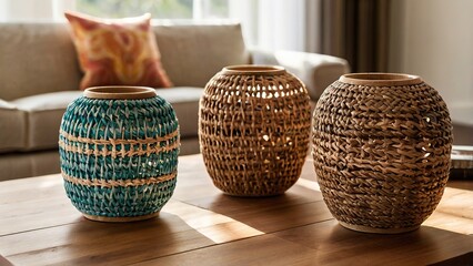Modern living room with wooden floor and decorative pottery objects