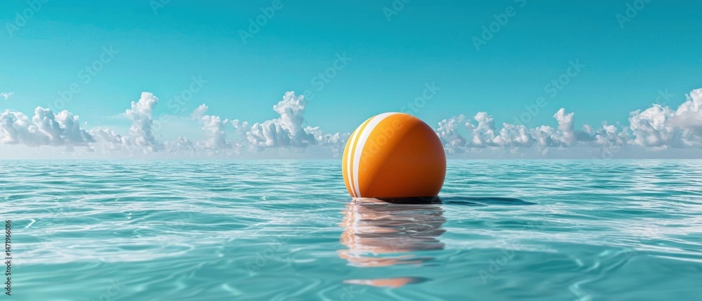 Poster large orange sphere floating in the middle of a body of water. the sphere appears to be floating on 