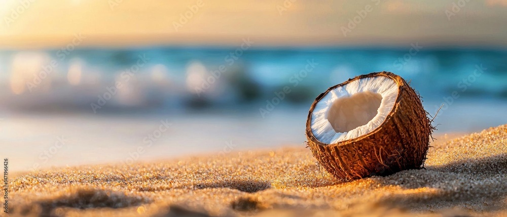 Poster close-up of a coconut on a sandy beach. the coconut is lying on its side, with its shell facing towa