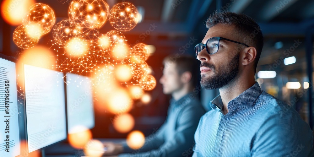 Poster a focused man works at a computer with glowing network spheres representing digital connections and 
