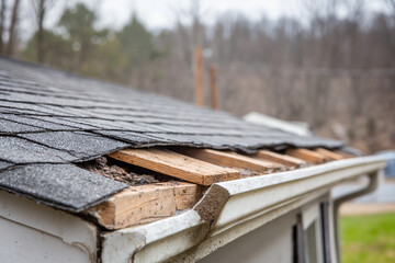 Obraz premium Roof damages showing exposed wooden beams against a gray sky 