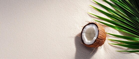 Fototapeta premium Flat lay of a coconut and a palm leaf on a beige background. the coconut is in the center of the image, with its white flesh and brown skin visible.