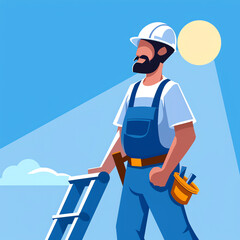 Fototapeta premium Roofer displaying confidence with a ladder under a sunny sky 