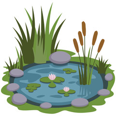 Lake with reeds landscape isolated vector illustration on white background © azzedine