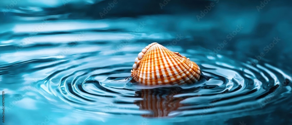Poster close-up of a seashell floating in the water. the seashell is orange and white striped and appears t
