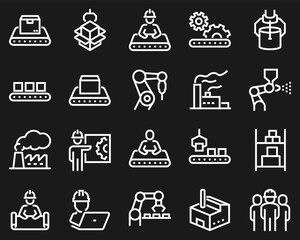 Simple Set of Mass Production Related Vector Line Icons. Contains such Icons as Industrial Oven, Robot Manipulator, Warehouse, Painting Bot and more white