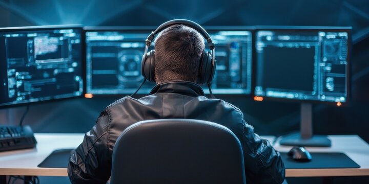 A person with headphones sits at a desk, working on multiple monitors with programming and security software in a dark room. - Powered by Adobe