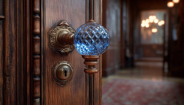 Crystal-clear glass doorknob on antique wooden door close-up, microphotography, soft lighting, elegant reflection, vintage feel cinematic lighting,