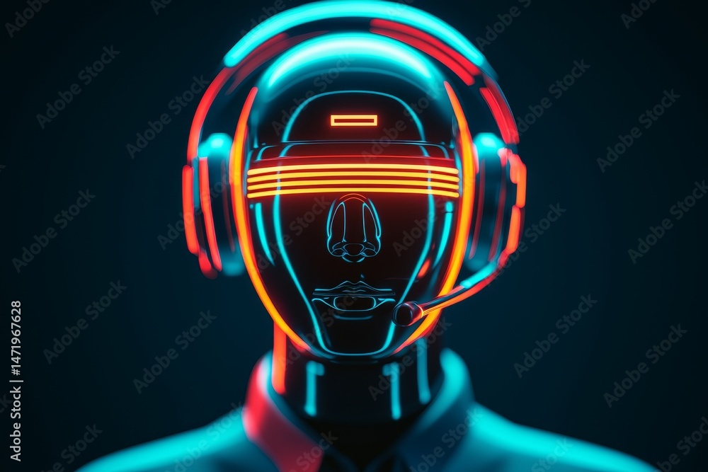 Poster e-commerce customer service with smart automation. futuristic digital head with glowing headset and 
