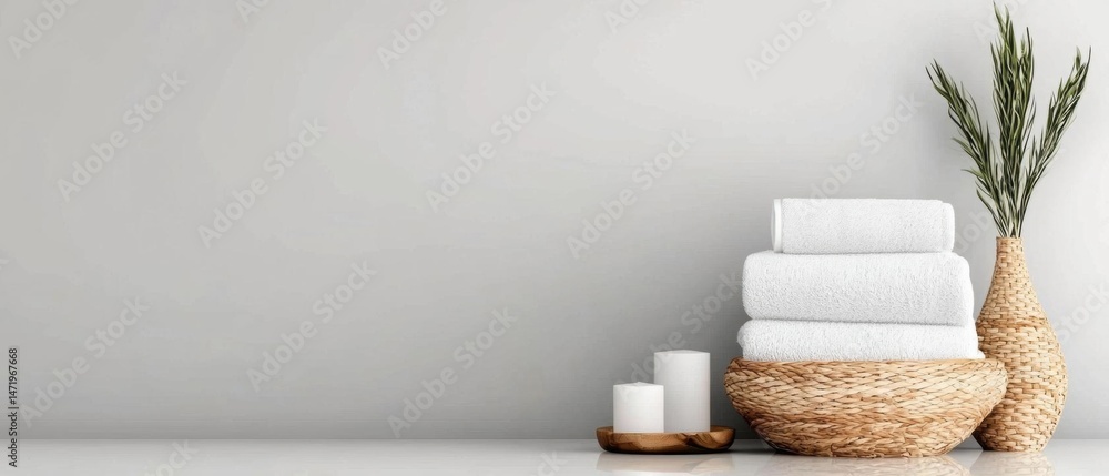 Poster stack of white towels neatly folded and placed on a white surface. next to the stack, there is a wov