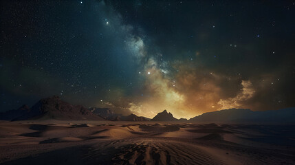 A scenic view of a desert landscape under a starry night sky with glowing clouds and distant mountains