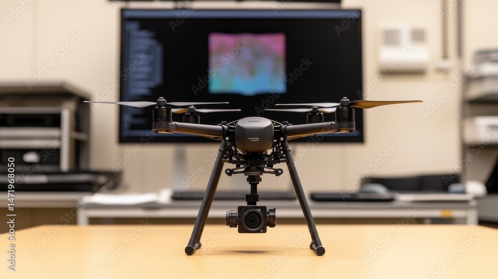 Poster A professional drone with a mounted camera is displayed on a table in a modern office or lab setting, with a monitor in the background.