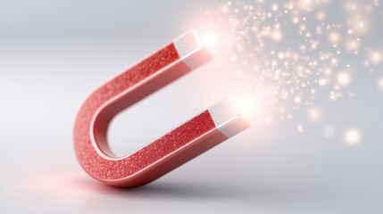 A red U-shaped magnet attracting powerful energy, symbolizing the law of attraction and the power of thought to draw in desired outcomes. Positive thinking and mindset control.
