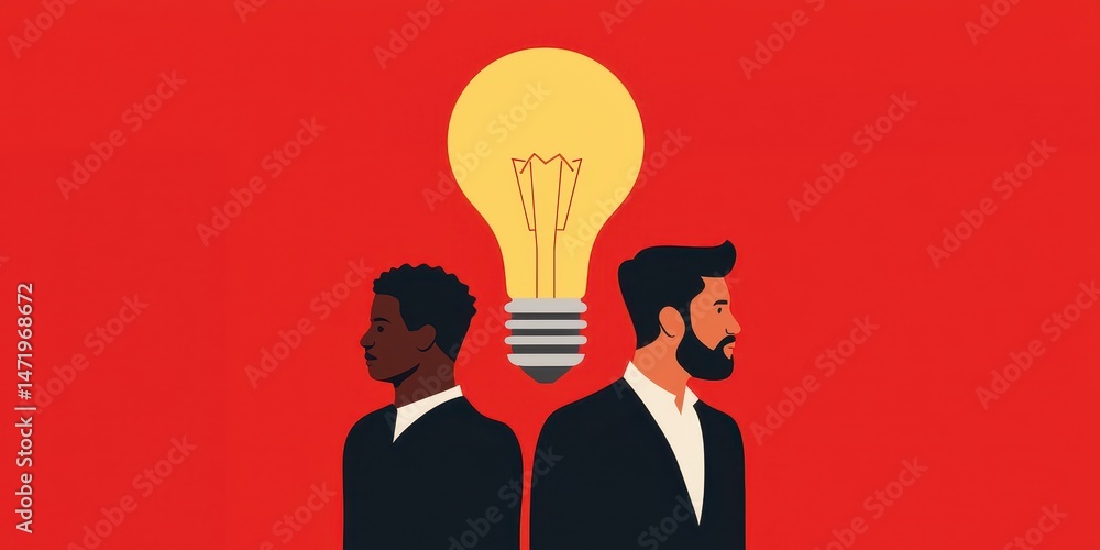 Poster two men in suits stand back to back with a large glowing lightbulb above them against a red backgrou