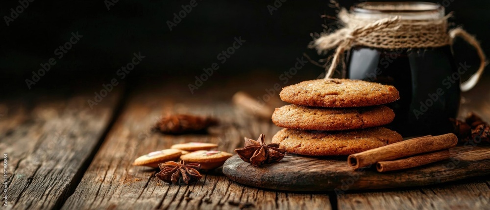 Poster stack of three cookies on a wooden table. the cookies are golden brown and appear to be freshly bake