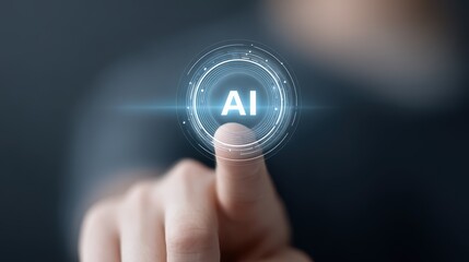 A finger pressing a glowing button symbolizes the initiation or advancement of AI technology, robotics, high-level and massive processing, and large-scale data storage systems.