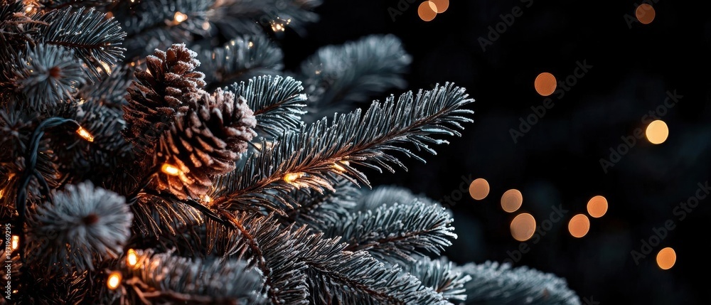 Aufkleber close-up of a christmas tree branch with a pine cone in the center. the branch is covered in a layer