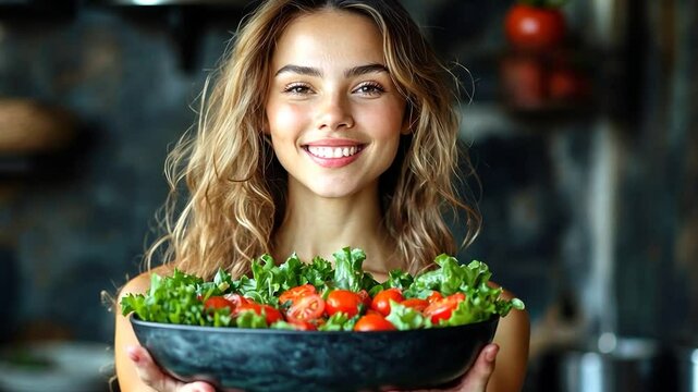 Smiling Woman Holding a Delicious and Healthy Salad