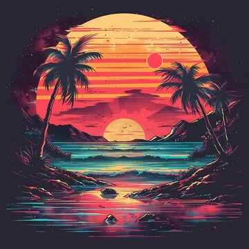 A stylized tropical sunset with a palm tree casting a dramatic shadow, set against a warm orange and pink sky with a deep blue ocean and faint mountain outline.