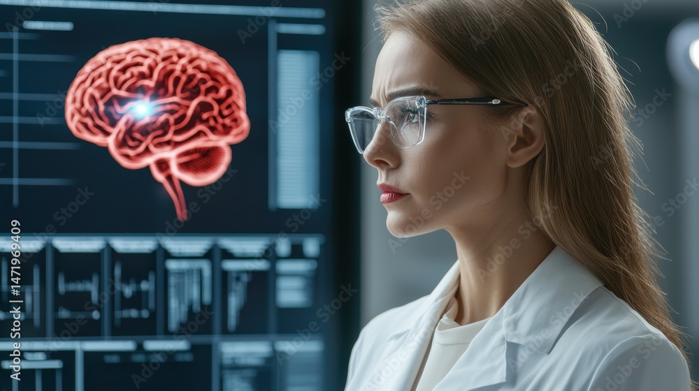 Aufkleber A scientist analyzes a digital brain scan on a screen, wearing a lab coat and glasses in a high-tech lab setting.