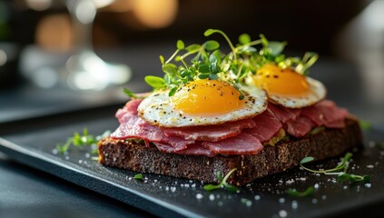 Savory open-faced sandwich with fried eggs and cured meat. Topped with fresh herbs