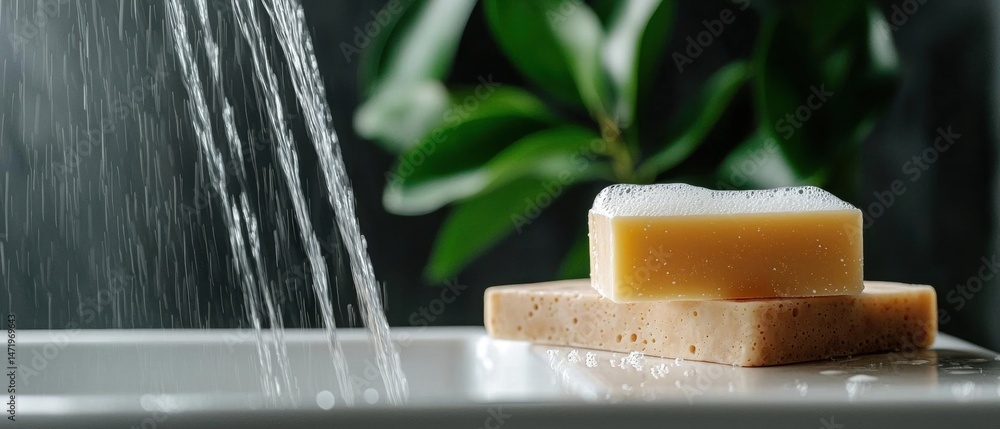 Poster two bars of soap on a white surface. the soap bars are rectangular in shape and have a light brown c