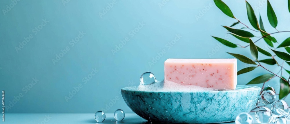 Poster small blue bowl with a pink soap bar on top of it. the soap bar is rectangular in shape and has smal