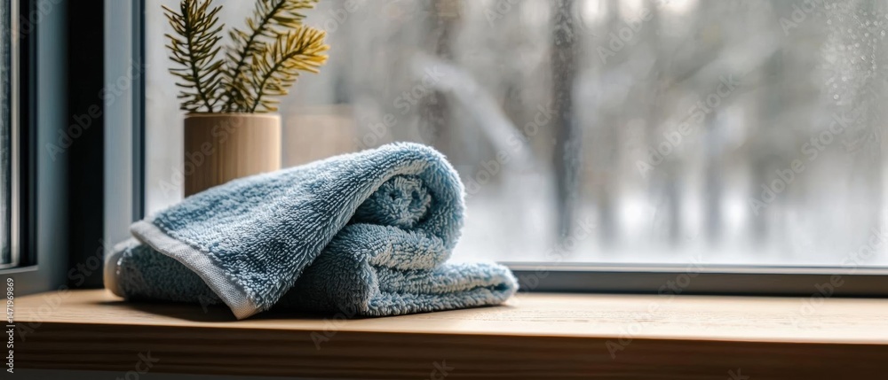 Poster stack of folded blue towels on a wooden window sill. the towels are neatly folded and appear to be m