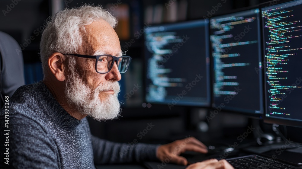 Poster An older man with glasses is coding at a desk with multiple computer monitors in a dimly lit office.