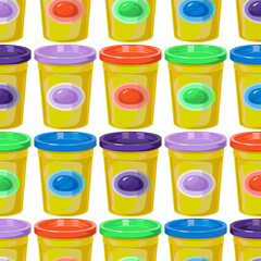 Yellow boxes with plasticine, plastic cup with lid, many colors, stand in a row. Vector. seamless pattern