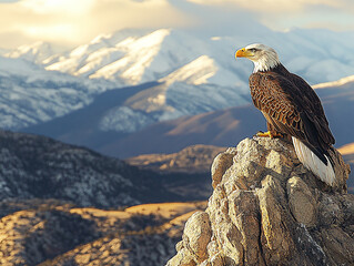 Fototapeta premium Majestic Bald Eagle Perched on Rocky Peak Mountain Landscape Sunset
