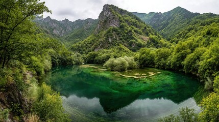 The beautiful mountain lake, with its clear waters and green mountains, presents a panoramic view. The emerald waters, forests, and the sky with clouds create a tranquil atmosphere.