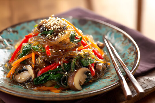Glossy Korean japchae stir-fried glass noodles mixed with fresh vegetables and aromatic sesame seeds garnish