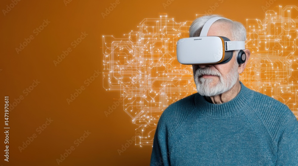 Poster an elderly man wearing a virtual reality headset stands in front of a digital circuit design on an o