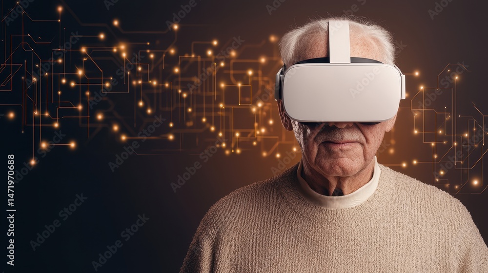 Poster an elderly man wears a virtual reality headset, with glowing digital circuit graphics in the backgro