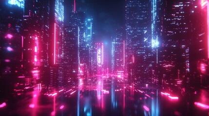 Obraz premium Futuristic city street scene with vibrant neon lights.