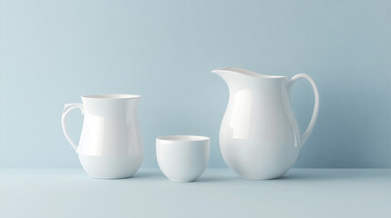 3D rendering of three white ceramic jugs and one cup on a light blue background.