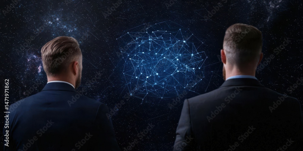 Poster Two men in suits observe a digital network visualization against a starry background.