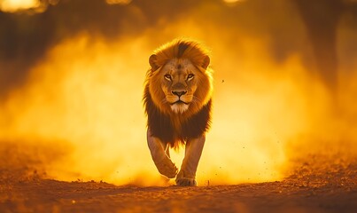 A majestic lion walking towards the camera in bright sunshine © zunitz